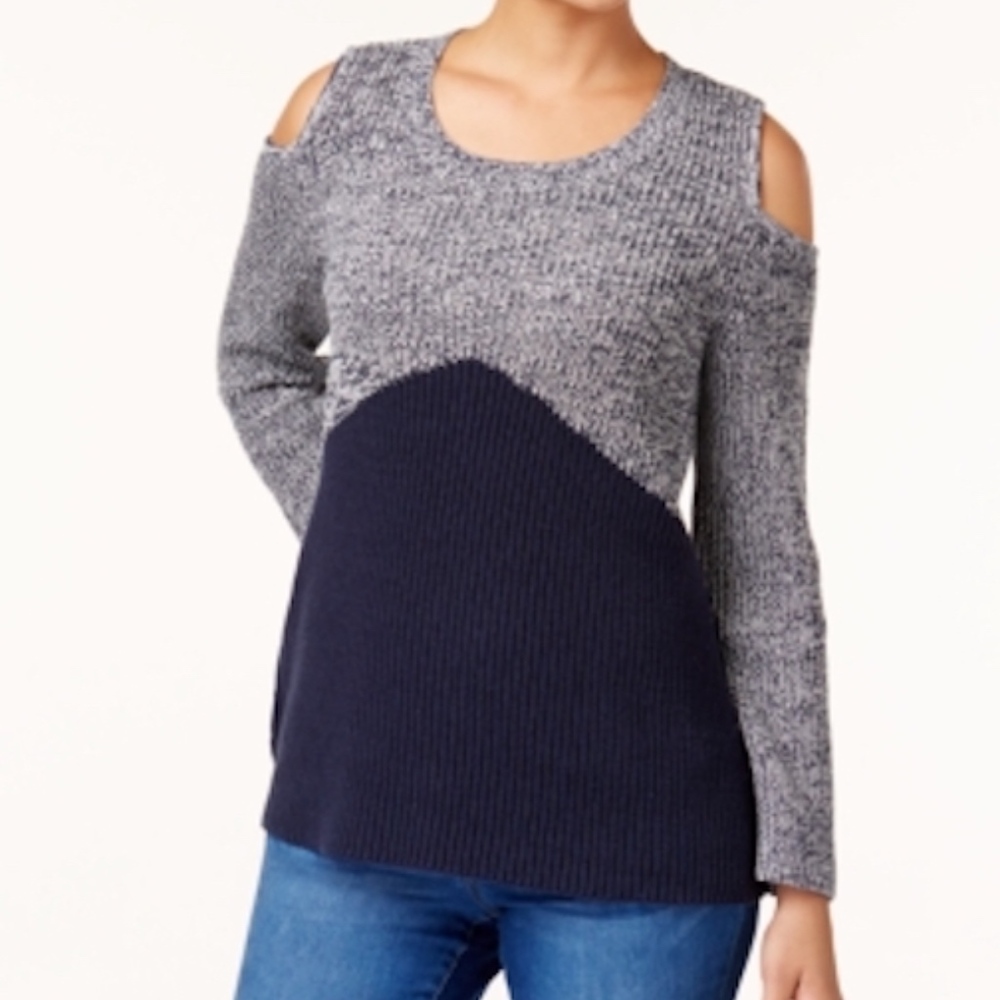 Style & Co Colorblocked Cold Shoulder Sweater Blue